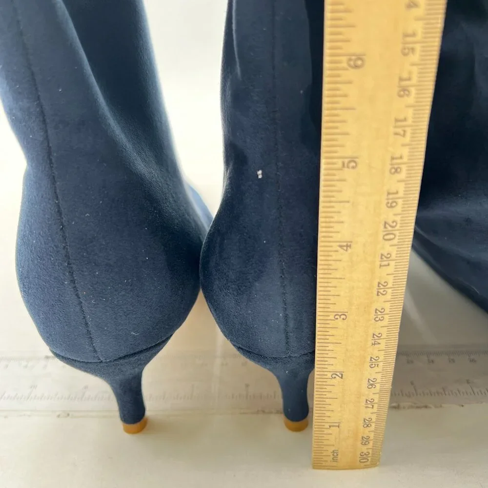 Navy Women Stretchy Knee High Boots Square Toe Low Kitten Heels Autumn Shoes